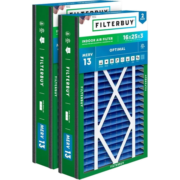 Filterbuy 16x25x3 Air Filter MERV 13 Smoke Defense, Pleated HVAC AC Furnace Filter Replacement for Trion Air Bear Cub & Lennox & More, 2-Pack