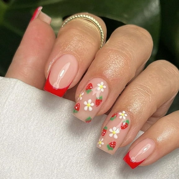 Square Press on Nails Glossy Designs Fake Nails Stick on Nails in 12 Size,24Pcs French Nails Tip for DIYS Nails Decors