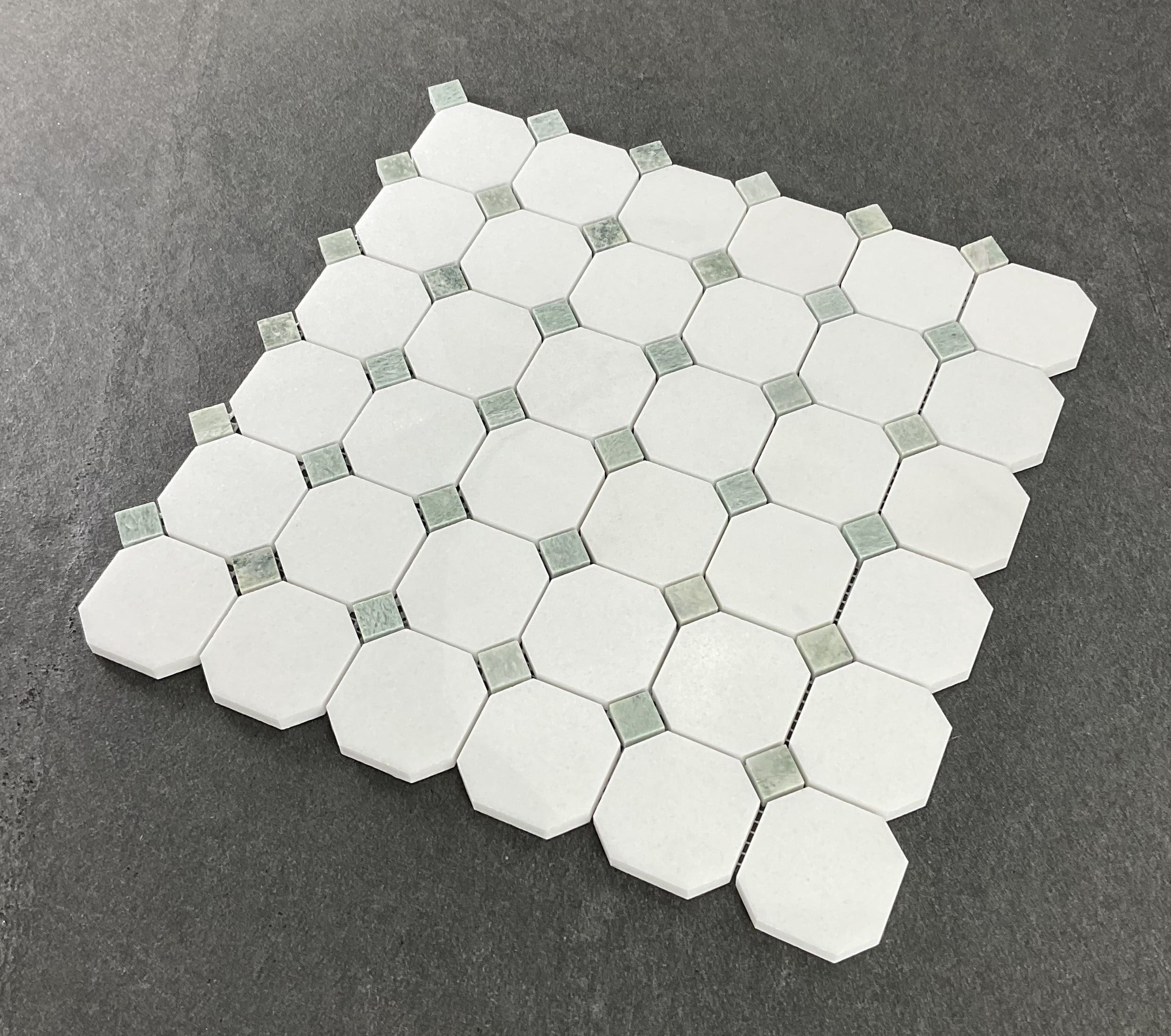 10-Pieces of Thassos White Octagon and Ming Green Dot Marble Mosaic Tile