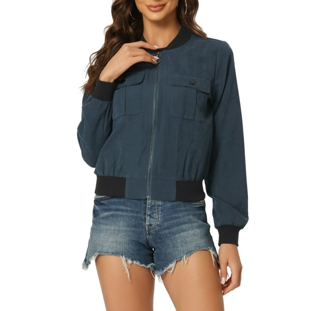 INSPIRE CHIC Veste pour Femme Col Montant Manches Longues Fermeture Éclair Poche à Rabat Blouson Bomber TP Bleu Marine