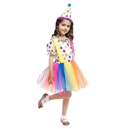 Halloween Costumes for Girls, Colorful Clown Costume with Hat & Rainbow Tutu Skirt, Halloween, Christmas, Birthdays, Carnivals Party Clothing for Girls