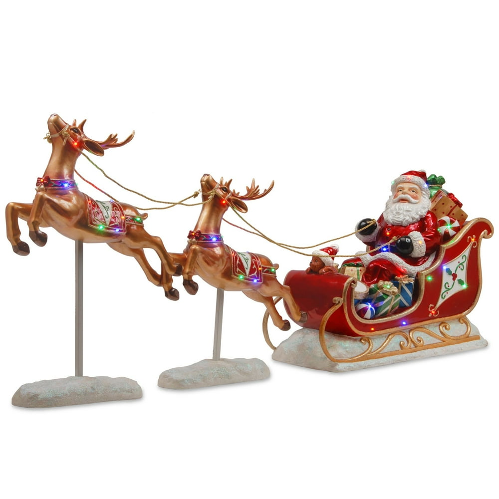 28.5" PreLit Red Sleigh with Reindeer and Santa Tabletop Decor