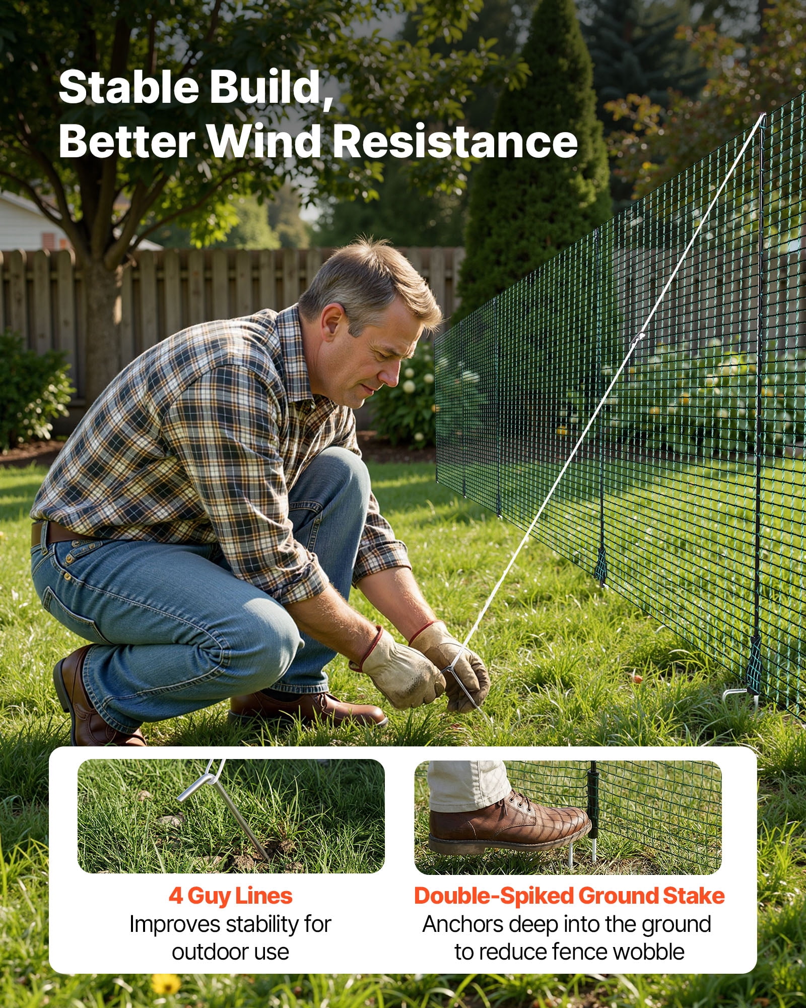 VEVOR Temporary Fence with Posts, 3.9 x 98.4 FT Plastic Mesh Fencing, Garden Safety Fences Netting with Double-Spike Stakes & Guy Ropes, Temporary Fence for Dogs, Chickens, Plants, Outdoor Yards