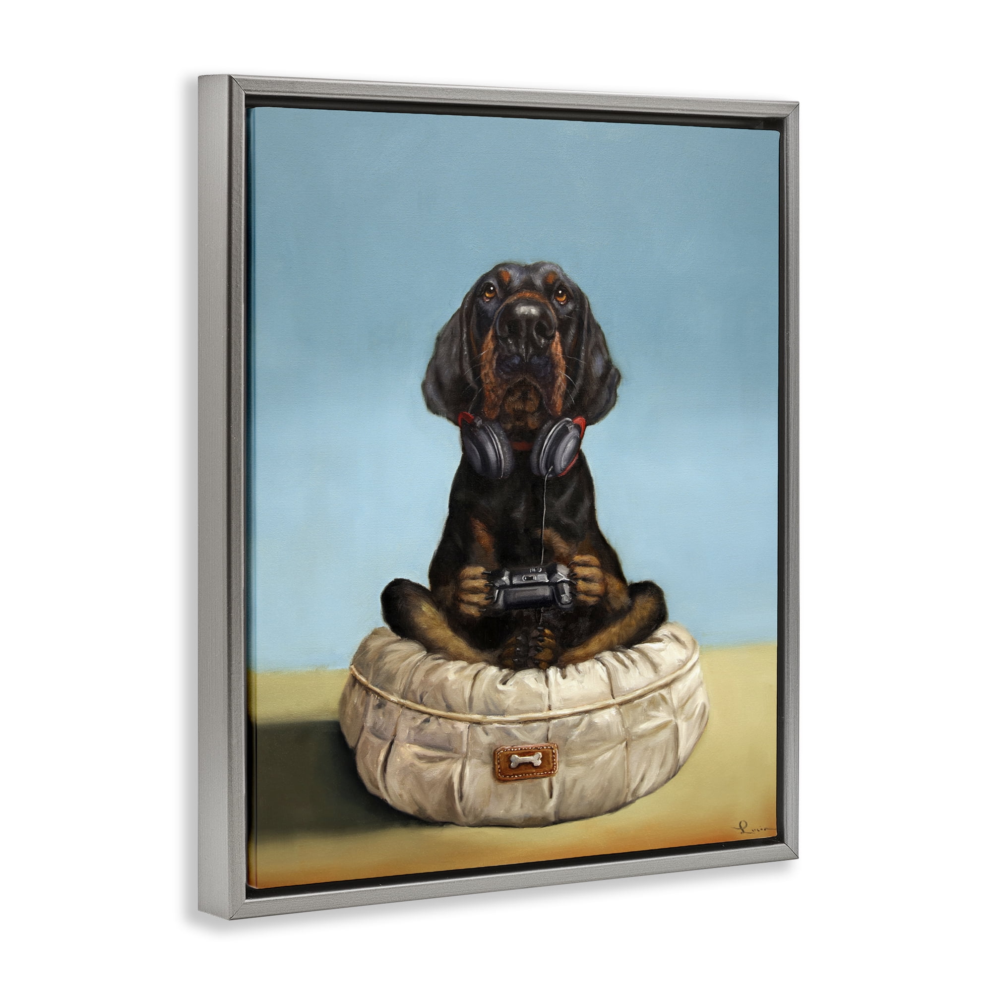 Stupell Industries Game Boy Playing Dog Gray Framed Floater Canvas Wall Art, design by Lucia Heffernan