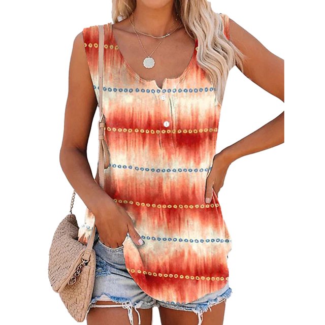 Camiseta sin mangas para mujer, cuello redondo, con botones, estampado de rayas, informal, camiseta sin mangas para el trabajo diario