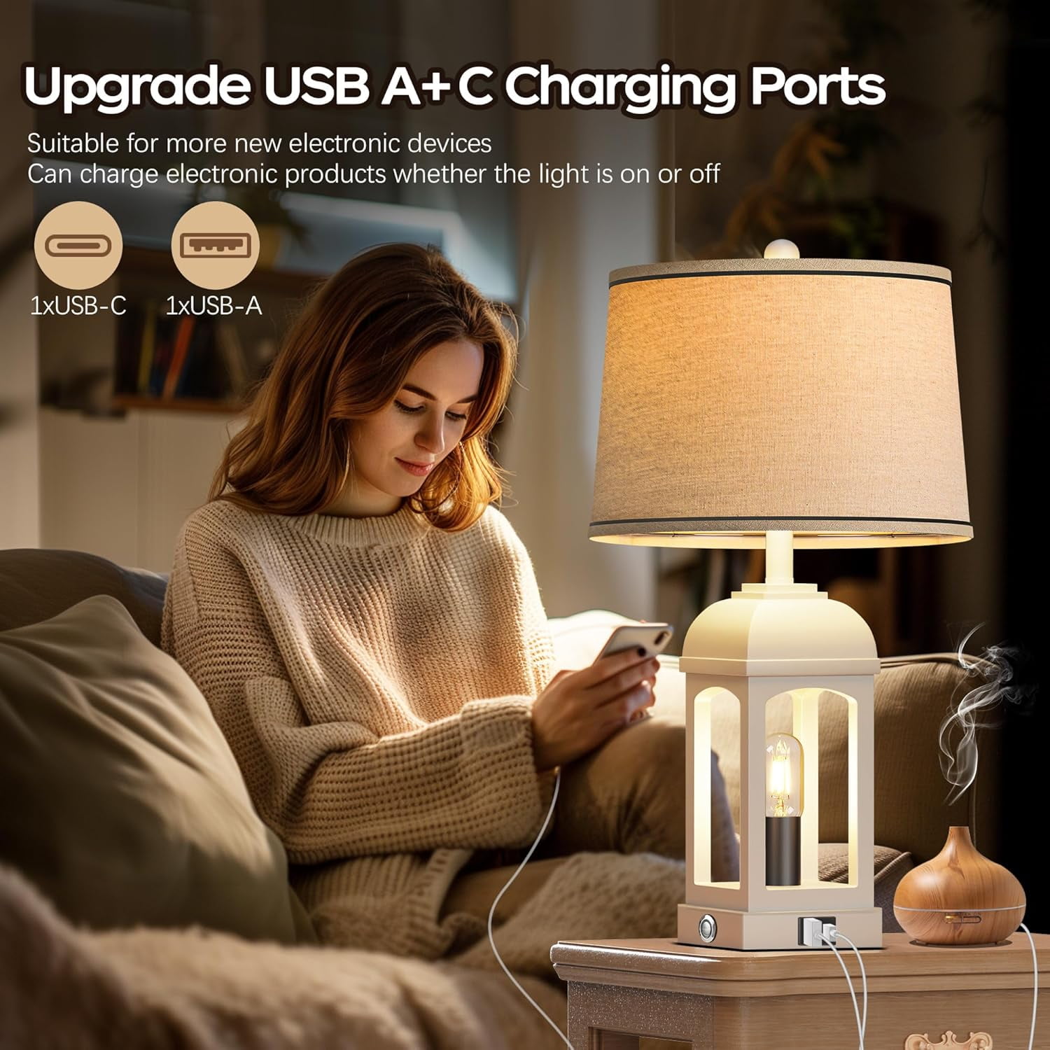 Holaki Table Lamp for Living Room, Farmhouse Lamps Set of 2 with USB A+C and Nightlight, 26" Rustic Bedside Lamps with 3-Way Dimmable, Touch Nightstand Lamp for Bedroom, White