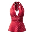 thumbnail image 2 of Womens Tank Solid Halter Neck Sleeveless Tie Back Crop Top Smocked Womens Camisole Red L, 2 of 4