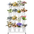 thumbnail image 2 of POWKOL 4 Layers Wrought Iron Plant Shelf with 4 Wheels, Movable Flower Display Stand with 16 Round Buckets, Heavy Duty Florist Bouquet Rack for Patio, Garden, Fresh Flower Shop.(White), 2 of 8