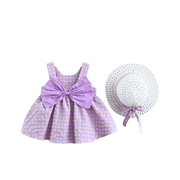 FRSASU Clearance Toddler Kids Girl Summer Bowknot Bowknot Checked Sling Dress with Hat