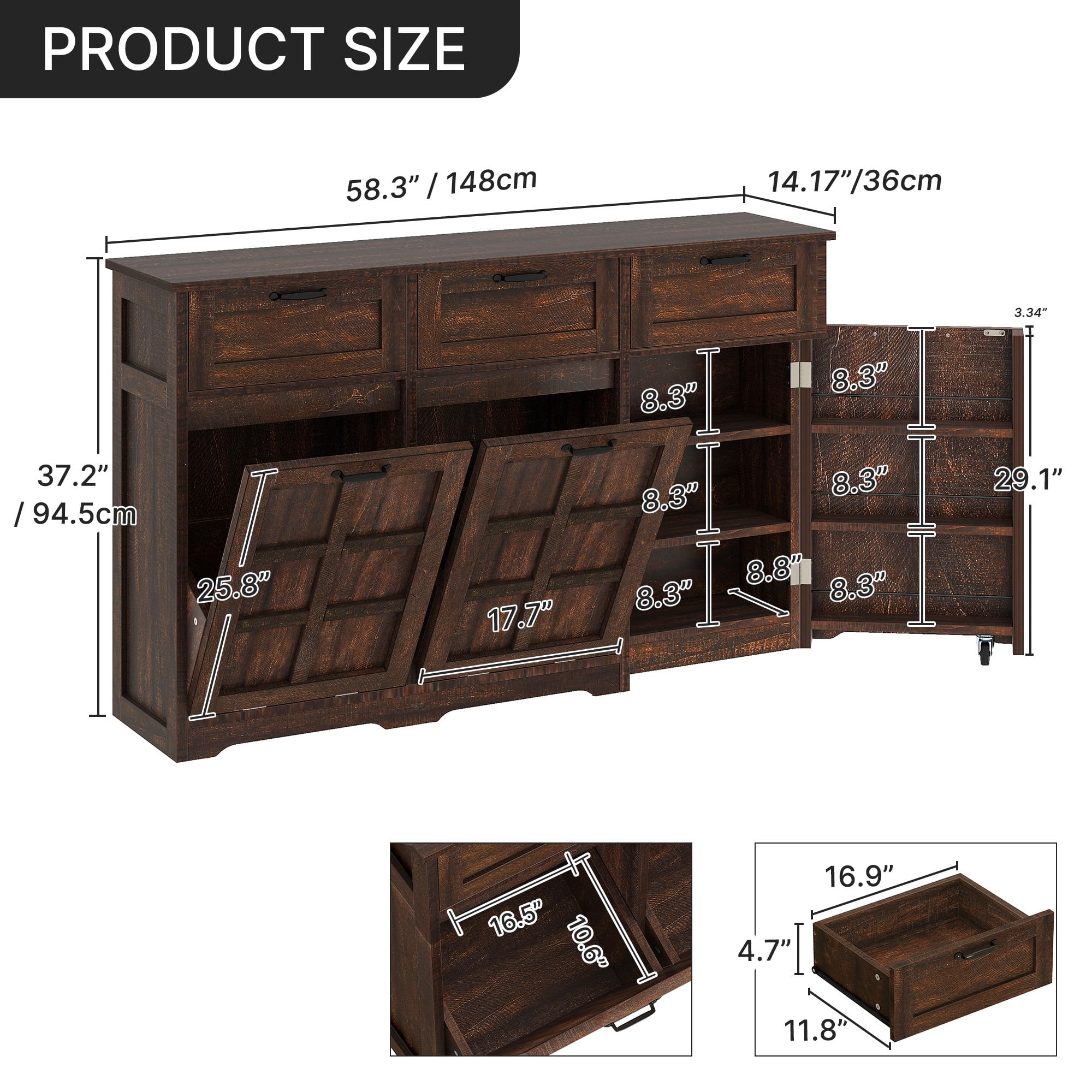 Uforic Tilt Out Trash Storage Cabinet with Drawers & Doors, Kitchen Sideboard Cabinet for Double 10-gal Trash Bins Storage, Brown