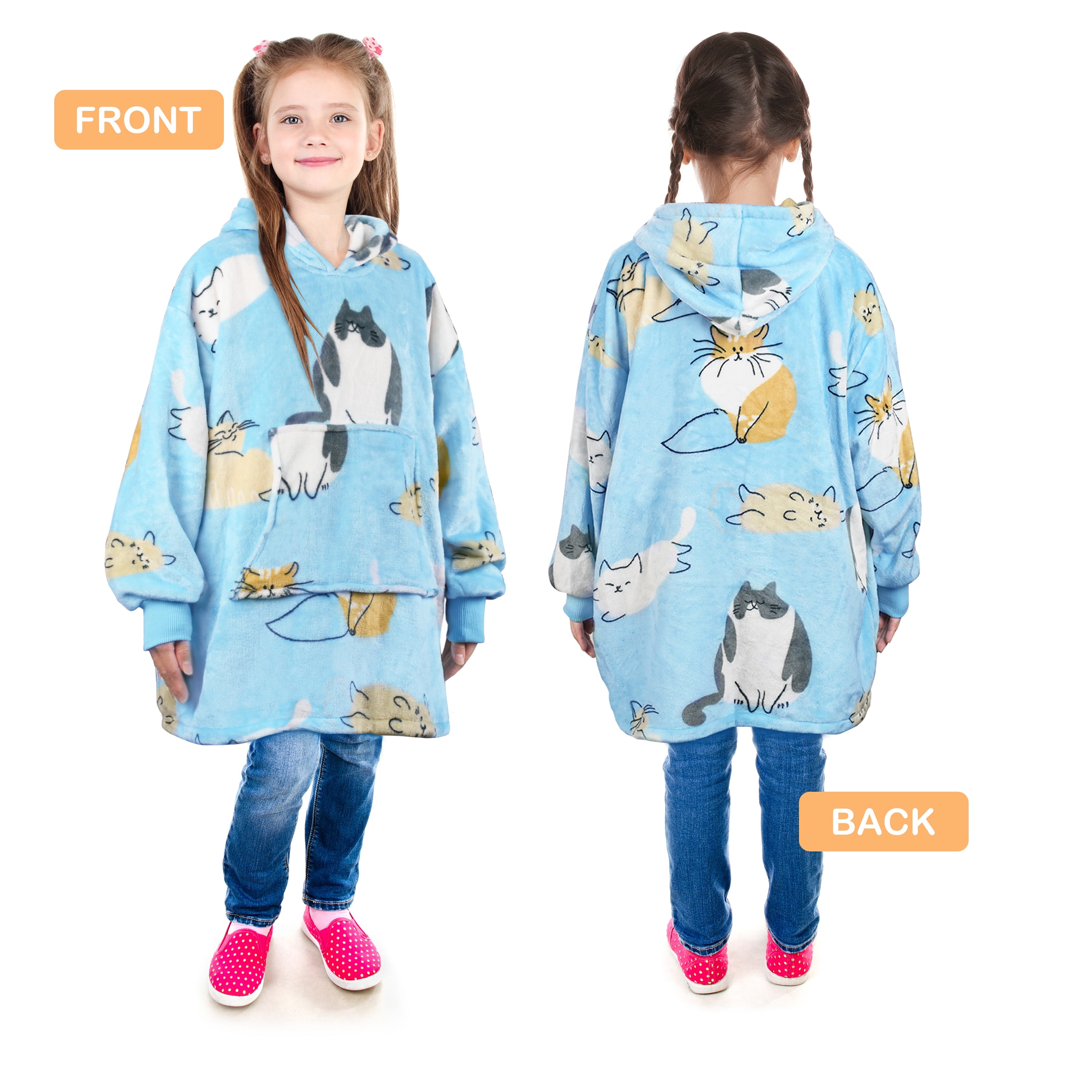 Catalonia Cat Wearable Blanket Hoodie for Kids, Fleece Snuggy Sweatshirt Pullover, 4-12 Years Boy Girl Gift, 28 × 24 inches