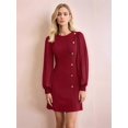 thumbnail image 6 of Women'S Spring Round Neck Button Detail Slim Fit Long Sleeve Solid Color Dress Midi Wine Red S, 6 of 8