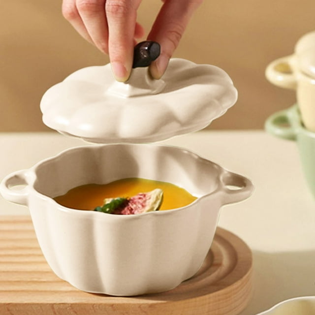 Birdeem Ceramic Pumpkin Bowl with Lid, 20 Oz Handmade Baking and Steaming Bowl, Realistic Pumpkin Shaped Ceramic Pot for Kitchen Decor, Multipurpose Oven Safe Serving Dish