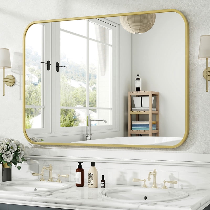 Easy4Home 40"x30" Rectangular Bathroom Mirror Hanging Rounded Corners Vanity Mirror Wall Mounted, Gold