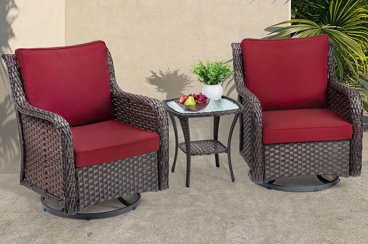360° Swivel Rocking Patio Chairs of 2 with Side Table and Fabric