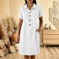 thumbnail image 2 of Ygbgbb Women Lapel Collar Linen Blend Midi Dress, Short Sleeve Half‑Button Front Tunic Dress with Side Pockets for Summer Vacation and Daily Casual Outfits White L, 2 of 6