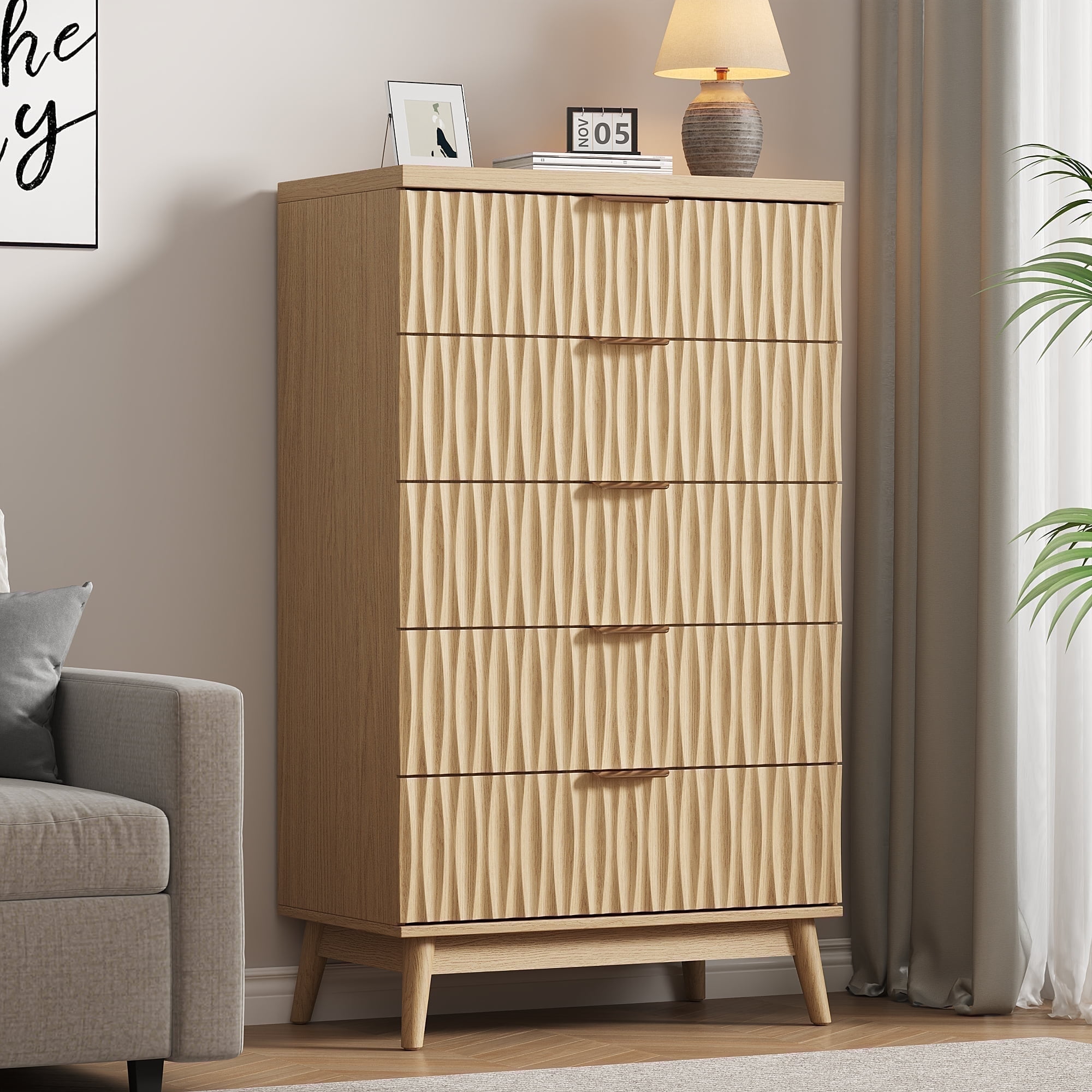 47" Tall 5 Fluted Drawer Dresser, Solid Wood Chest of Drawers with Glossy Handle, Storage Cabinet for Bedroom, Living Room, Entryway