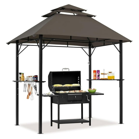 8x5' Grill Gazebo, 3-Tier Outdoor BBQ Gazebo with Height-Adjustable Shelves & 10 S-Shaped & Built-in , Brown