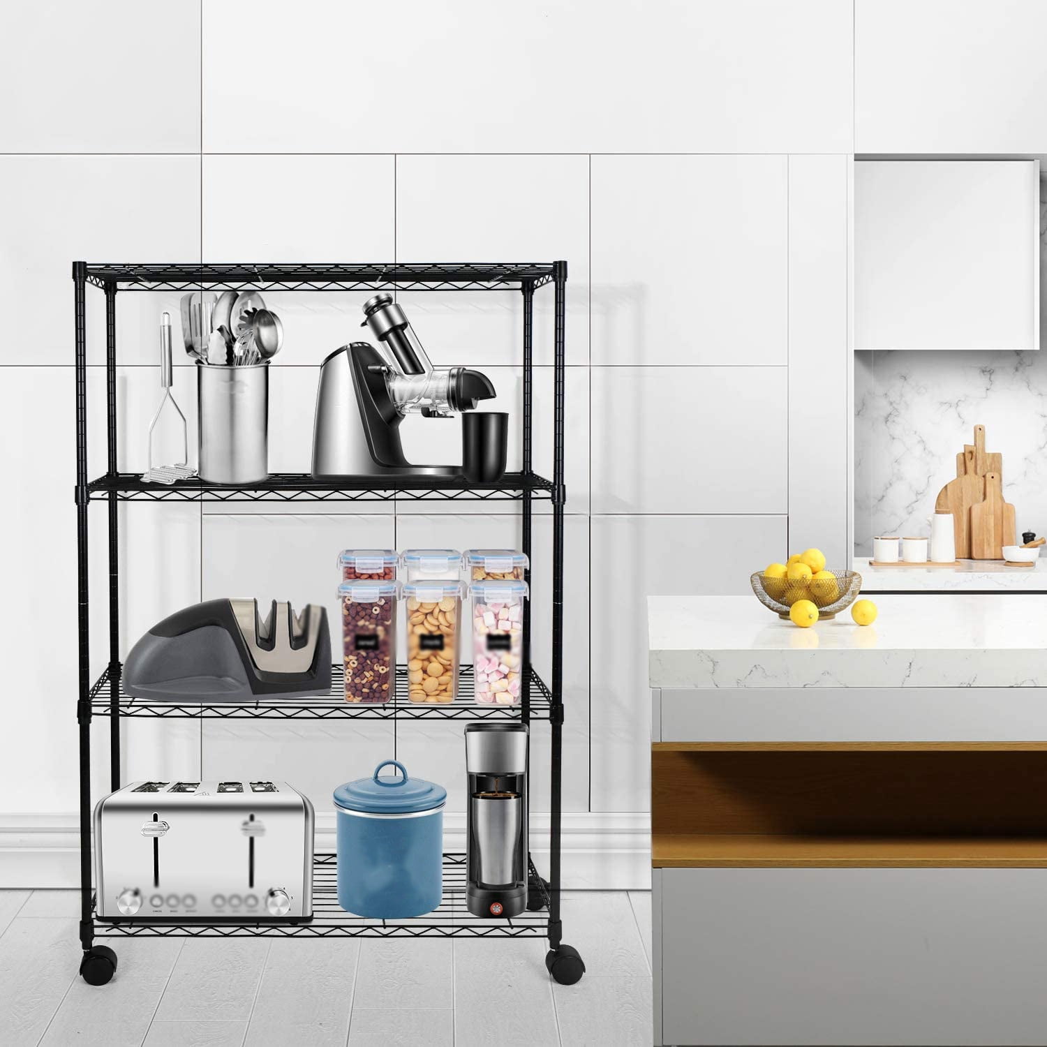 4-Shelf Wire Shelving Unit with Wheel and Adjustable Feet, 36''(L) x14''(W) x54''(H),Black