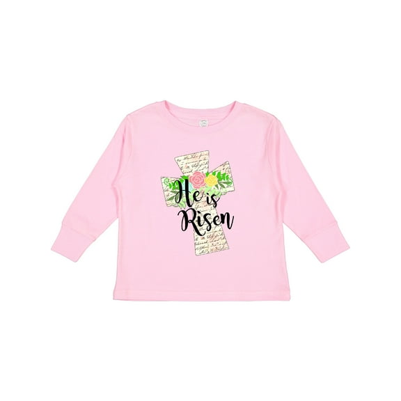Inktastic He is Risen Cross with Script and Flowers Boys or Girls Long Sleeve Toddler T-Shirt