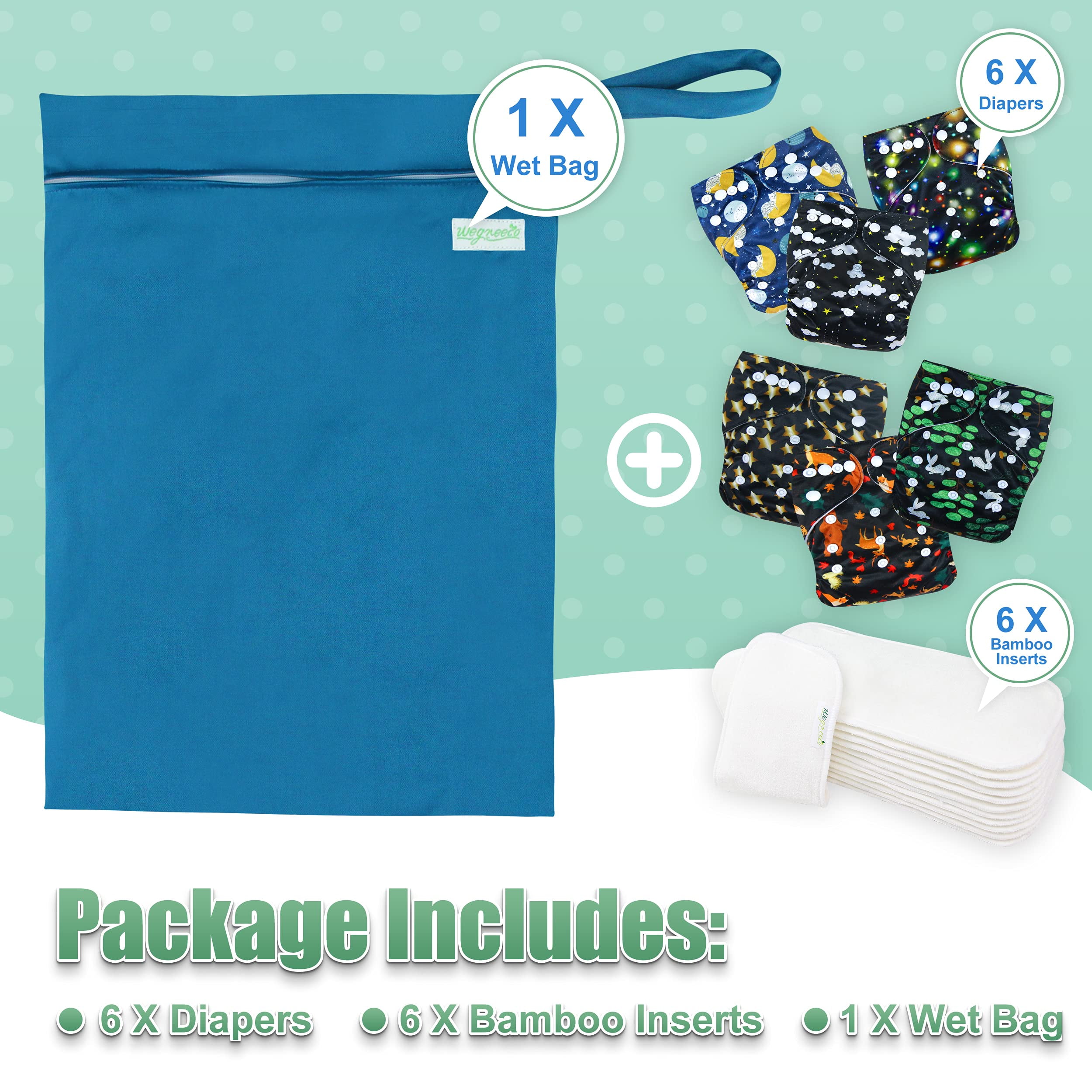 Wegreeco Washable Reusable Baby Cloth Pocket Diapers 6 Pack + 6 Bamboo Inserts (with 1 Wet Bag, Starry Sky)
