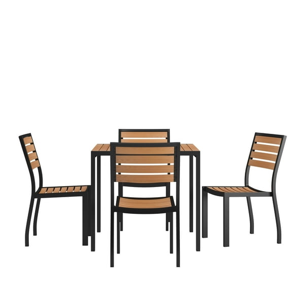 Flash Furniture Lark Series 5-Piece Metal Teak Patio Table and Chair Set, Teak