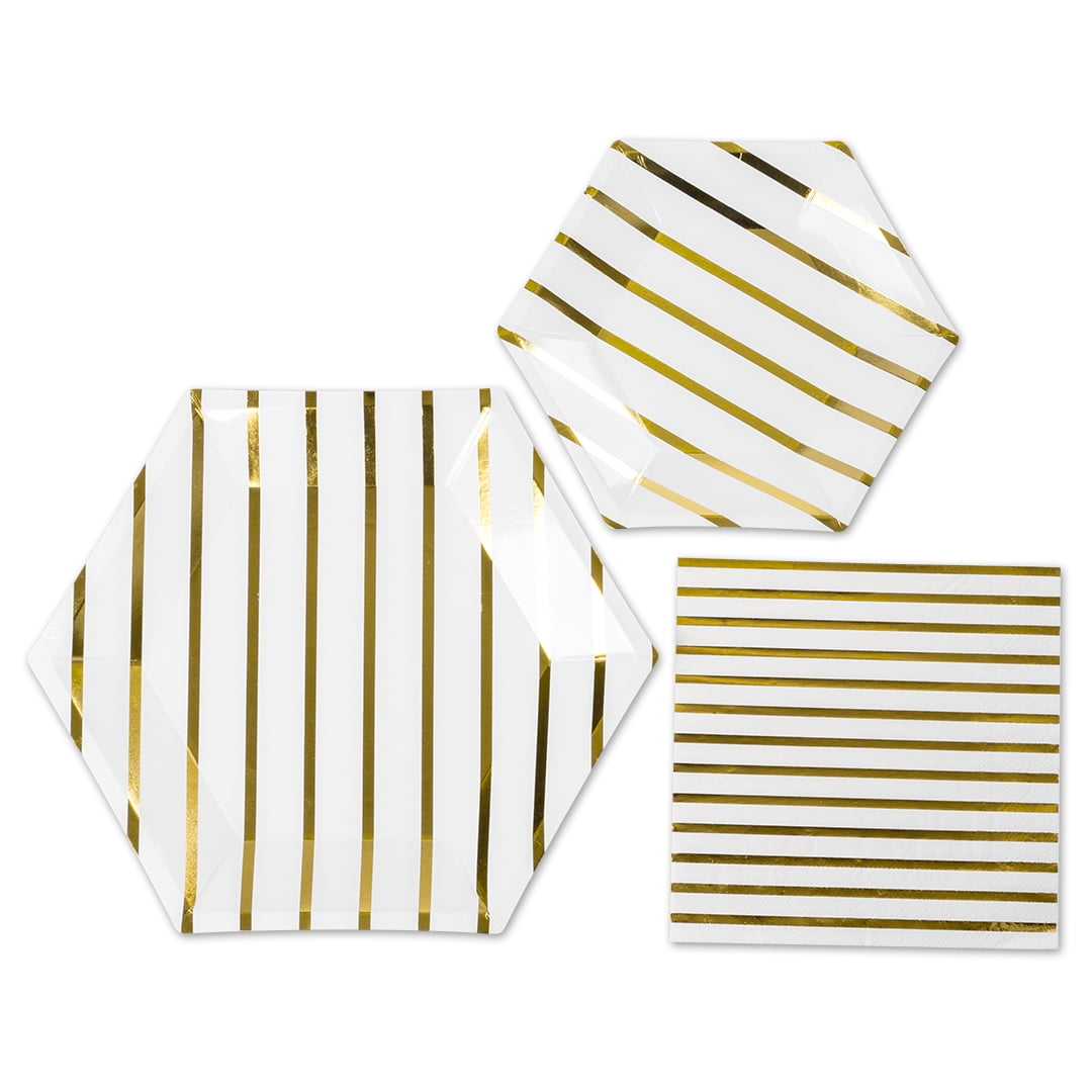 Andaz Press Gold Foil Striped Tableware Party Tableware Kit 18-Pack, 9-Inch, 7-Inch Plates, 50-Pack 6.5-Inch Napkins