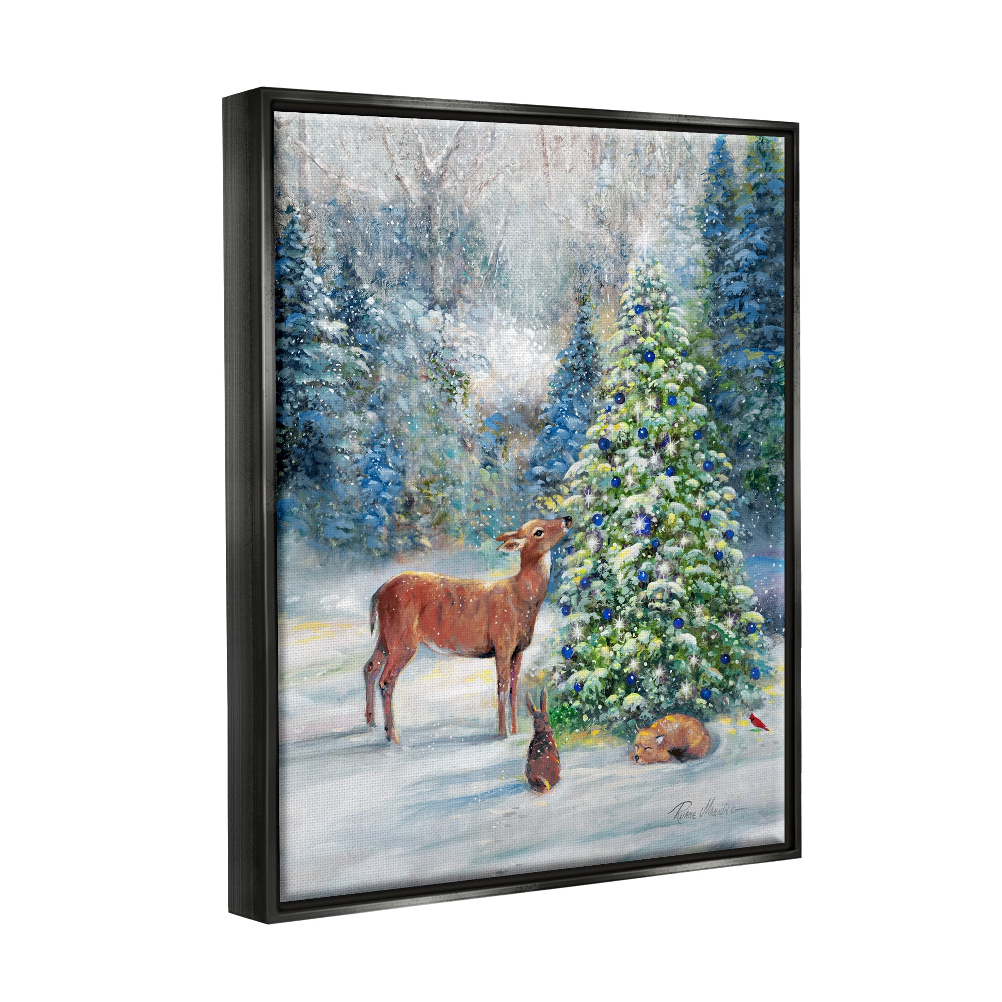 Stupell Industries Winter Woodland Animals Tree Holiday Painting Black Floater Framed Art Print Wall Art