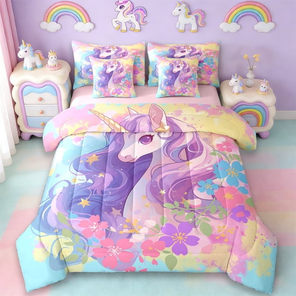 Erosebridal Watercolor Ink Graffiti 7-Piece Twin Bedding Sets,Cartoon Unicorn Colorful Flowers Bedding Comforter Set For Kids Girls,Reversible Pink