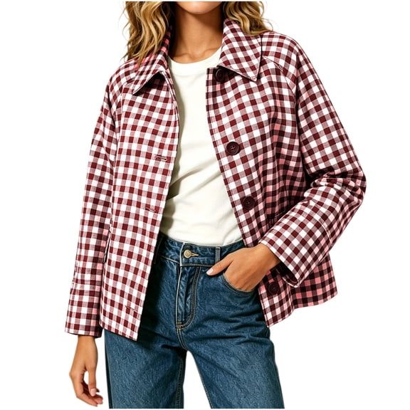 hoksml Women's Gingham Plaid Cropped Jacket Long Sleeve Lapel Button Down Spring Fall Casual Lightweight Coat