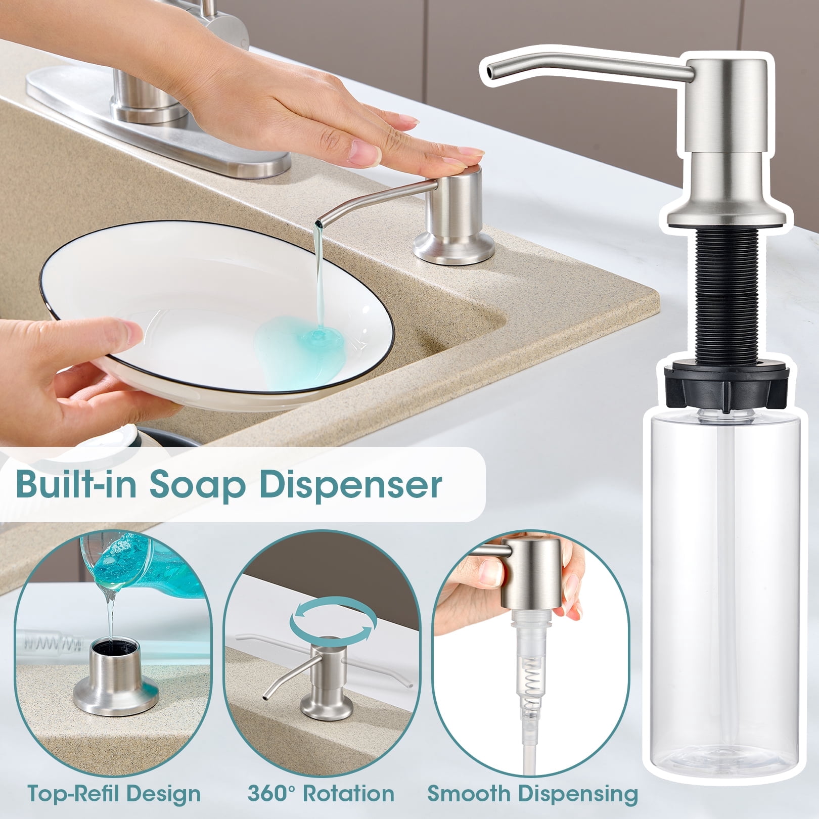 Wowkk Kitchen Sink Faucets with Pull Down Sprayer and Soap Dispenser, 304 Stainless Steel Single Handle Kitchen Faucet, 2 Water Modes with Deck Plate for Laundry Utility Camper, Brushed Nickel