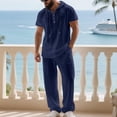 thumbnail image 5 of Kakii Men's Beach Hoodie Set, Light Taupe Short Sleeve Hooded Shirt & Drawstring Pants, Linen Blend Casual Lounge Outfit for Vacation, 5 of 9