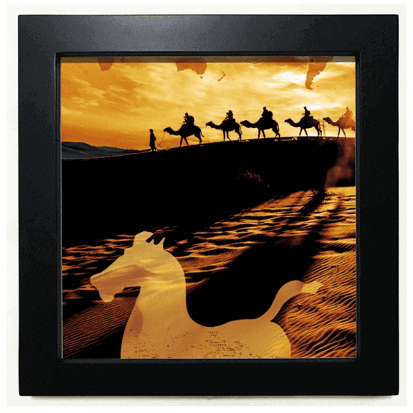 Desert Along the Way to the Silk Road Map Camel Black Square Frame Picture Wall Tabletop