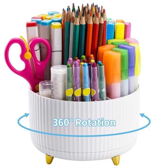 Desk Organizer, 360-Degree Rotating Pen Holder, Desk Organizers and Accessories with 5 Compartments Pencil Holder, Art Supply Storage Box Caddy for Office, Home(White)