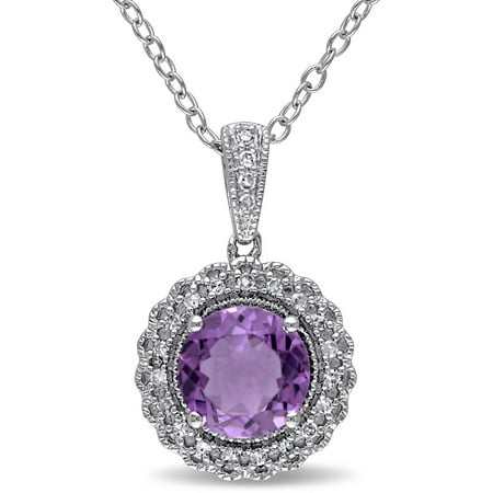 Tangelo 1-1/3 Carat T.G.W. Amethyst and 1/10 T.W. Diamond Sterling Silver Round Halo Pendant, 18