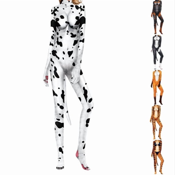Krdevn Halloween Cleece Animal Print Bodysuit, Long Sleeve Full‑Body Cosplay Jumpsuit Costume for Adult Women,2XL