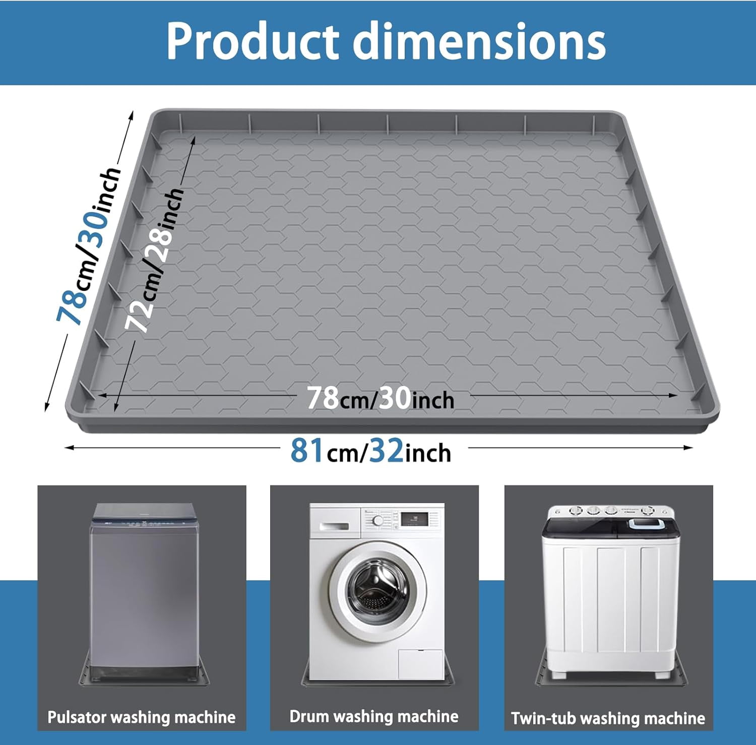 Washing Machine Drain Pan Silicone Mat, Thickened Large 30" X 28" Non-Slip Waterproof Washer Drip Tray, Raised Edge Mat for Under Dryer or Washer, Anti-Vibration,Floor Leak Protector for Laundry Room