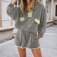 thumbnail image 3 of Short Sets for Women Loose Fit Long Sleeve Color Block Stand Collar Shirt and Shorts 2 Piece Matching Set Streetwear, 3 of 6