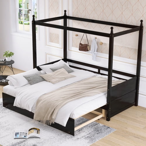 Twin Size Canopy Bed with Trundle, Extendable Daybed, Wood Pullout