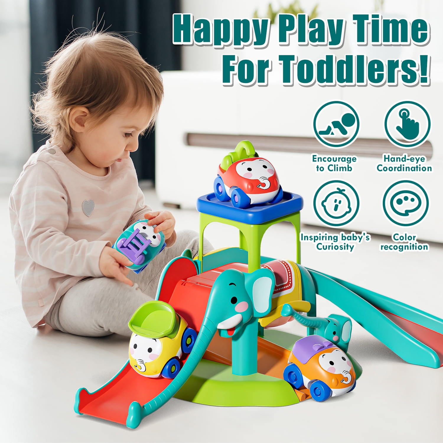 Toy Car for Kids, 5 in 1 Elephant Slide & Parking with 4 Push and Go Toy Cars, Toys for 2-3 Year Old, Toddler Toy Car, Learning Educational Toys for Boys Girls Best Birthday Gifts