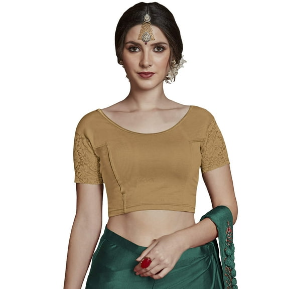 Crazy Bachat Women's Designer Beige Net Cap Sleeve Stretch Blouse for Saree Crop Top.