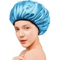 thumbnail image 4 of LAICAIW Shower Cap,Extra Large Triple Layer Bathing Cap with Dry Hair Function for Women Microfiber Terry Cloth Silky Satin 100% Waterproof Reusable Long Hair Bath Caps (Blue), 4 of 6