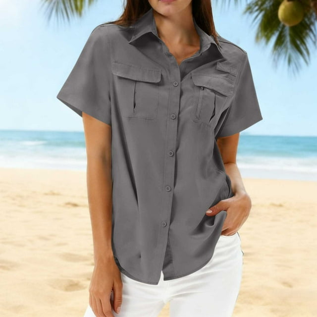 HongQid Womens Button Down Shirts Short Sleeve Collared Button Up Casual Blouses Loose Tops with Two Pocket