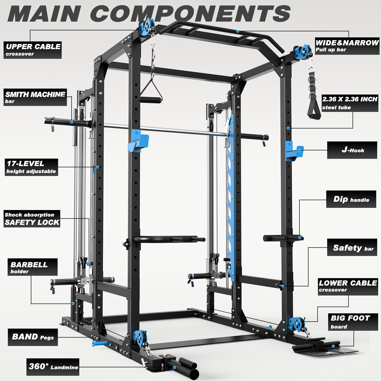 ULTRA FUEGO Multifunctional Full Power Cage Rack with Cable Crossover, Smith Machine, LAT-Pull Down, Squat System for Home Gym