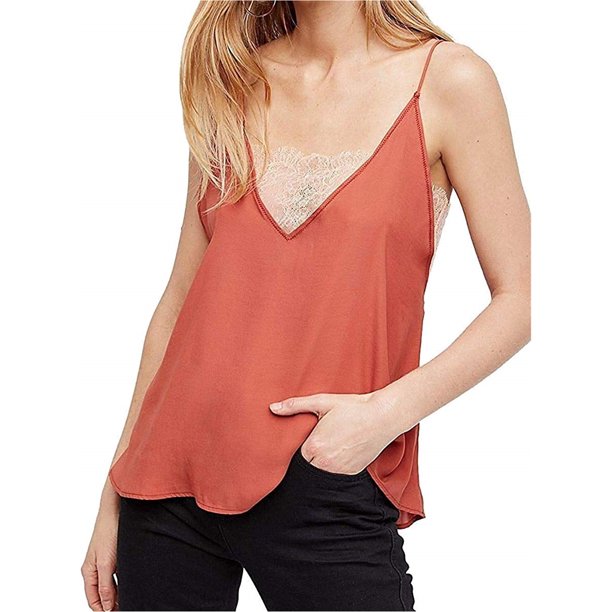 Free People - Camiseta sin mangas con encaje para mujer, color rosa, grande Free People Cami