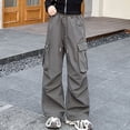 thumbnail image 2 of Kids Girl Pants Girls Solid Straight Leg Cargo Pants Drawstring Elastic Waist Fashion Childrens Bottoms Streetwear for Kids Grey 13 Years-14 Years, 2 of 7