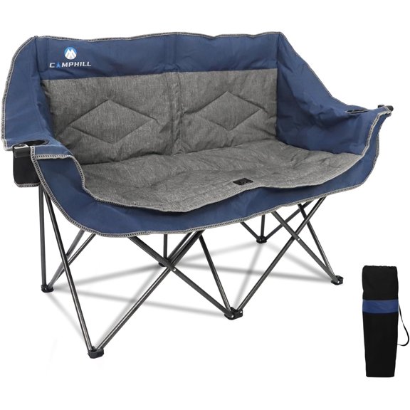 Folding Loveseat Camping Chair,Portable Double Chair w/Cup Holder,Wine Glass Holder,Carry Bag Heavy Duty Lawn Chair for 2 Adults,Perfect for Camp,Hiking,Picnics and Beach Trips,Blue