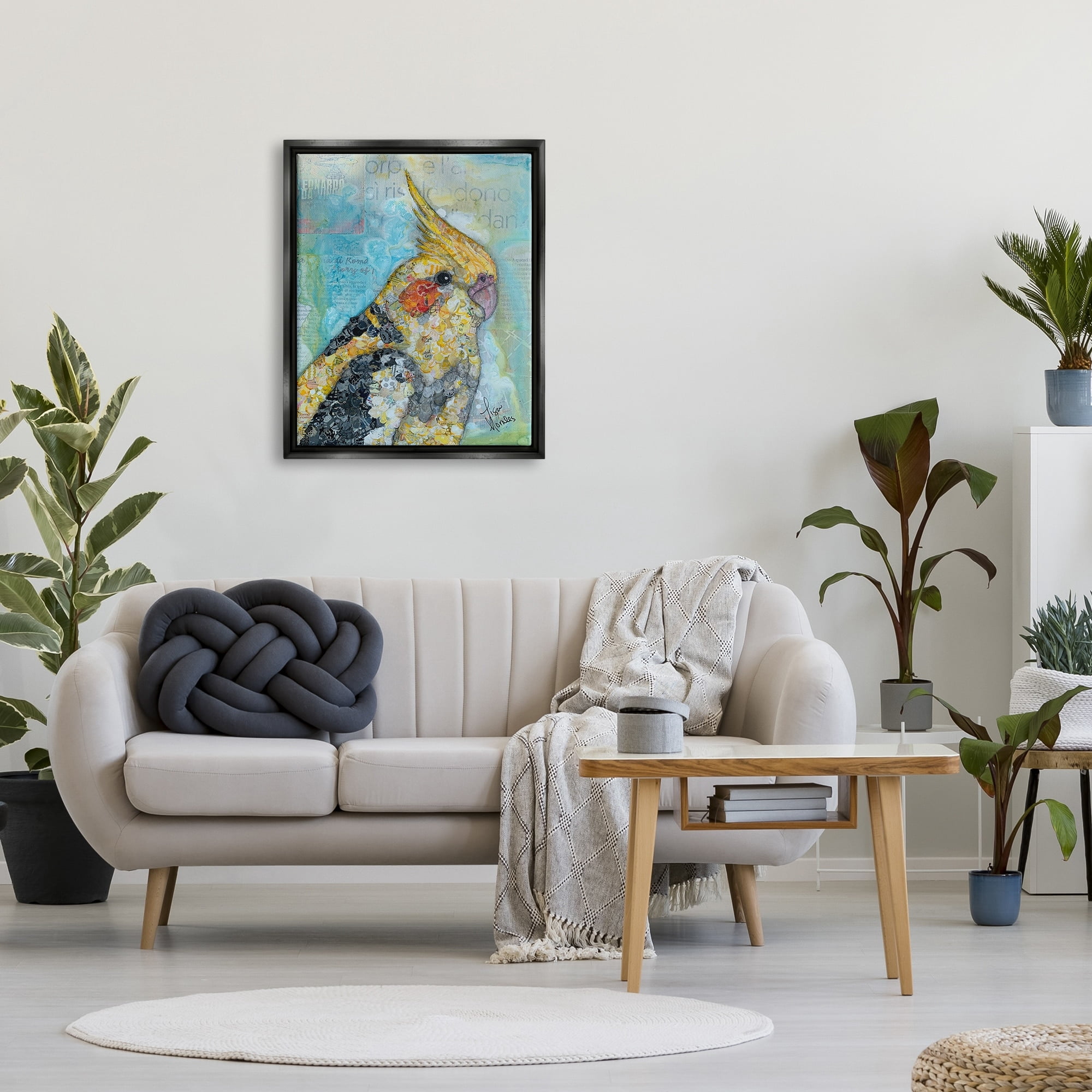 Stupell Industries Jolly Cockatiel Bird Assorted Layered Animal Collage Painting Jet Black Floating Framed Canvas Print Wall Art, Design by Lisa Morales