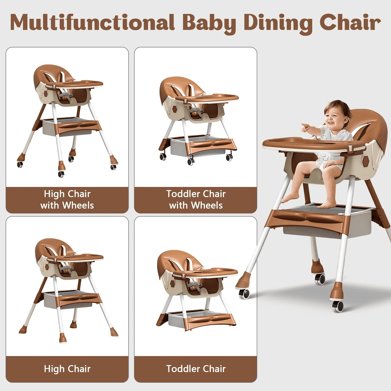 JieC 3 in 1 Baby High Chair, Foldable Baby Feeding Chair, For Infants and Toddlers 0-24 Months,Brown
