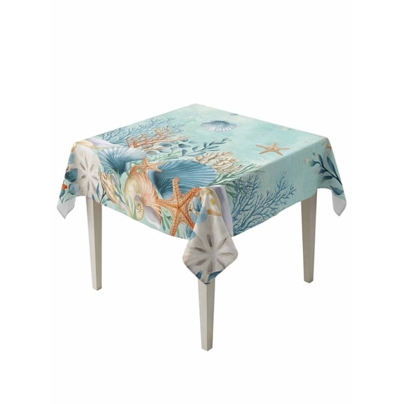 Teal Coastal Suqare Tablecloth - 54 x 54 Inch, Summer Beach Starfish Shell Coral Nautical Waterproof & StainResistant Tablecloth, Washable Oil-proof Table Cover for Dining/Party/Wedding/Buffet